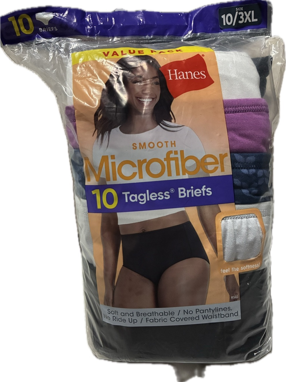 Hanes 10-Pack Tagless Microfiber Briefs – White, Black, Purple Size 10/3XL